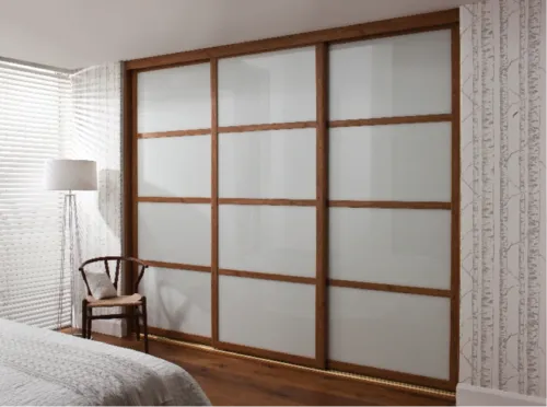 Japandi Wardrobe: An image of a sliding wardrobe door, with a chair and lamp in the corner