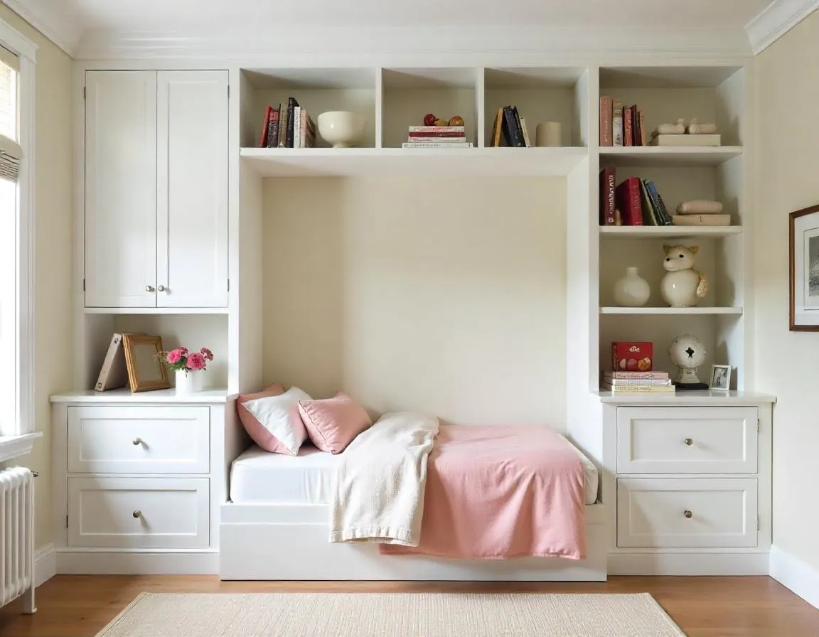 storage solutions for small bedrooms: A small children's bedroom with a sloped ceiling, featuring cupboards above the bed