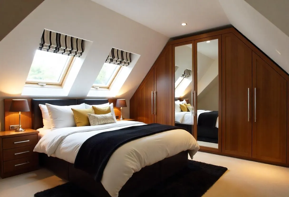 storage solutions for small bedrooms: A small attic bedroom, with a fitted wardrobe 