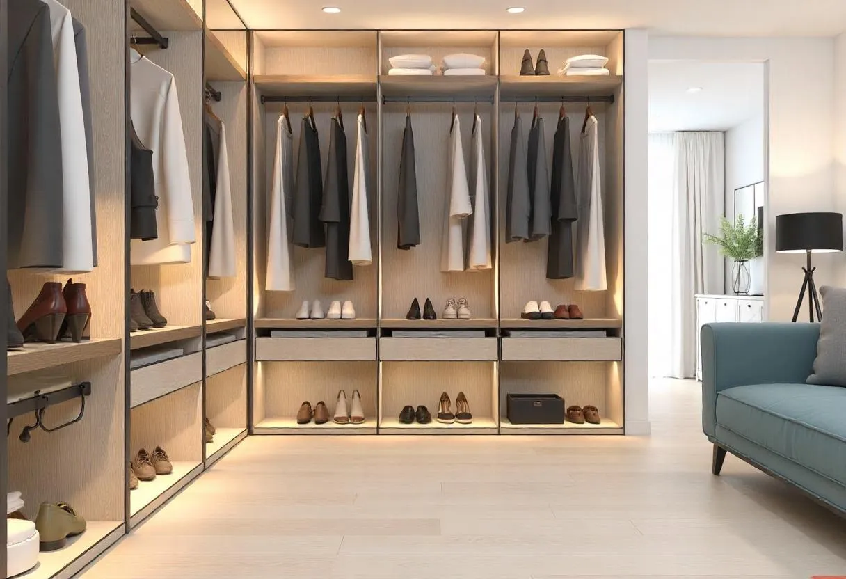 Planning a Walk-In Wardrobe: A Modern walk-in wardrobe with a mixture of male and female clothing.