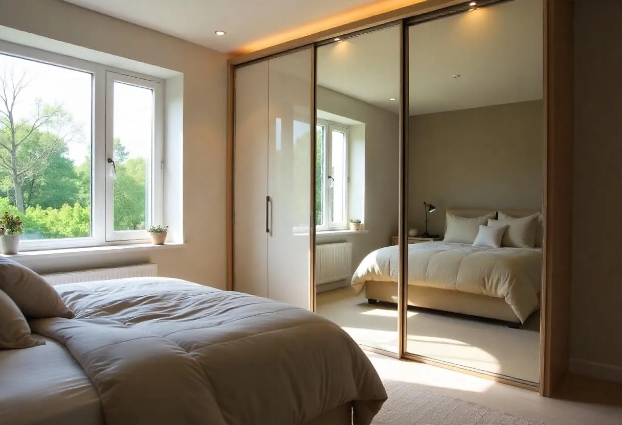 storage solutions for small bedrooms: Full length mirror incorporated into wardrobe doors