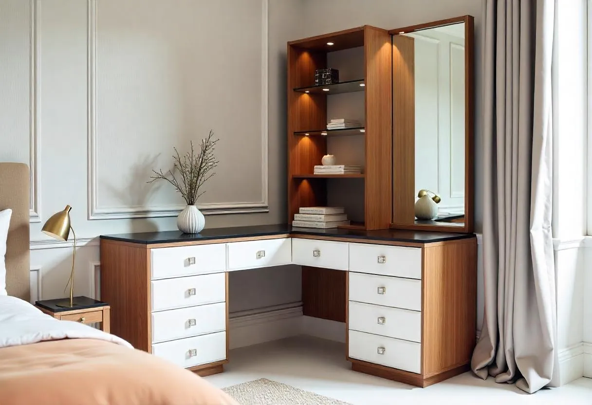 Storage solutions for small bedroom: Modern corner dressing table with white and dark wood finish, crystal handles, and integrated mirror.