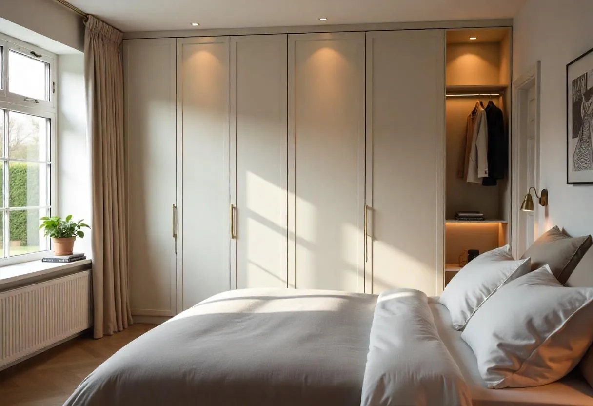 storage solutions for small bedrooms: Floor-to-ceiling wardrobes with sleek panelled doors in a modern bedroom
