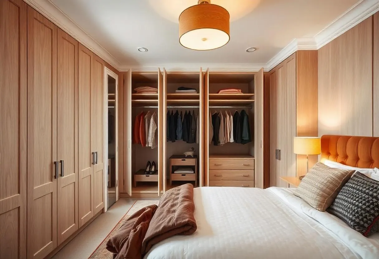 storage solutions for small bedrooms: Custom-built wardrobes fitted into alcoves in a stylish bedroom.