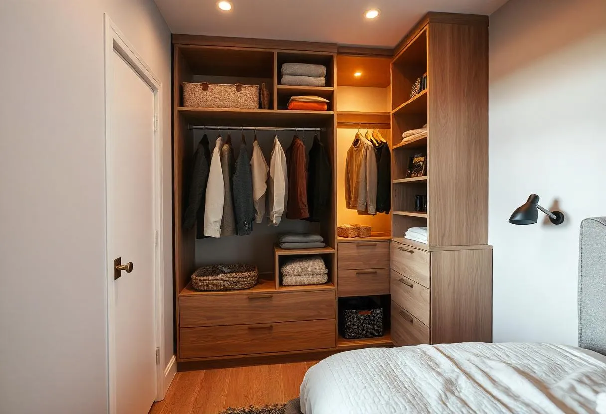 storage solutions for small bedrooms storage solutions for small bedrooms :Corner wardrobe with hanging rails and shelves in a small bedroom.