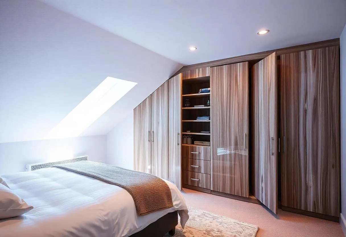 storage solutions for small bedrooms: Fitted wardrobes with angled shelves under sloping ceilings in an attic bedroom.
