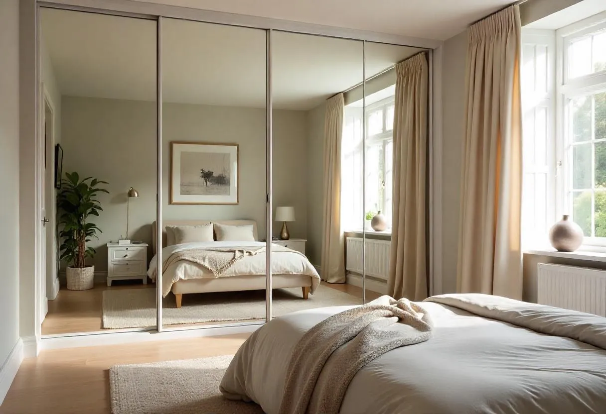 storage solutions for small bedrooms
: Mirrored wardrobe doors reflecting light in a modern bedroom