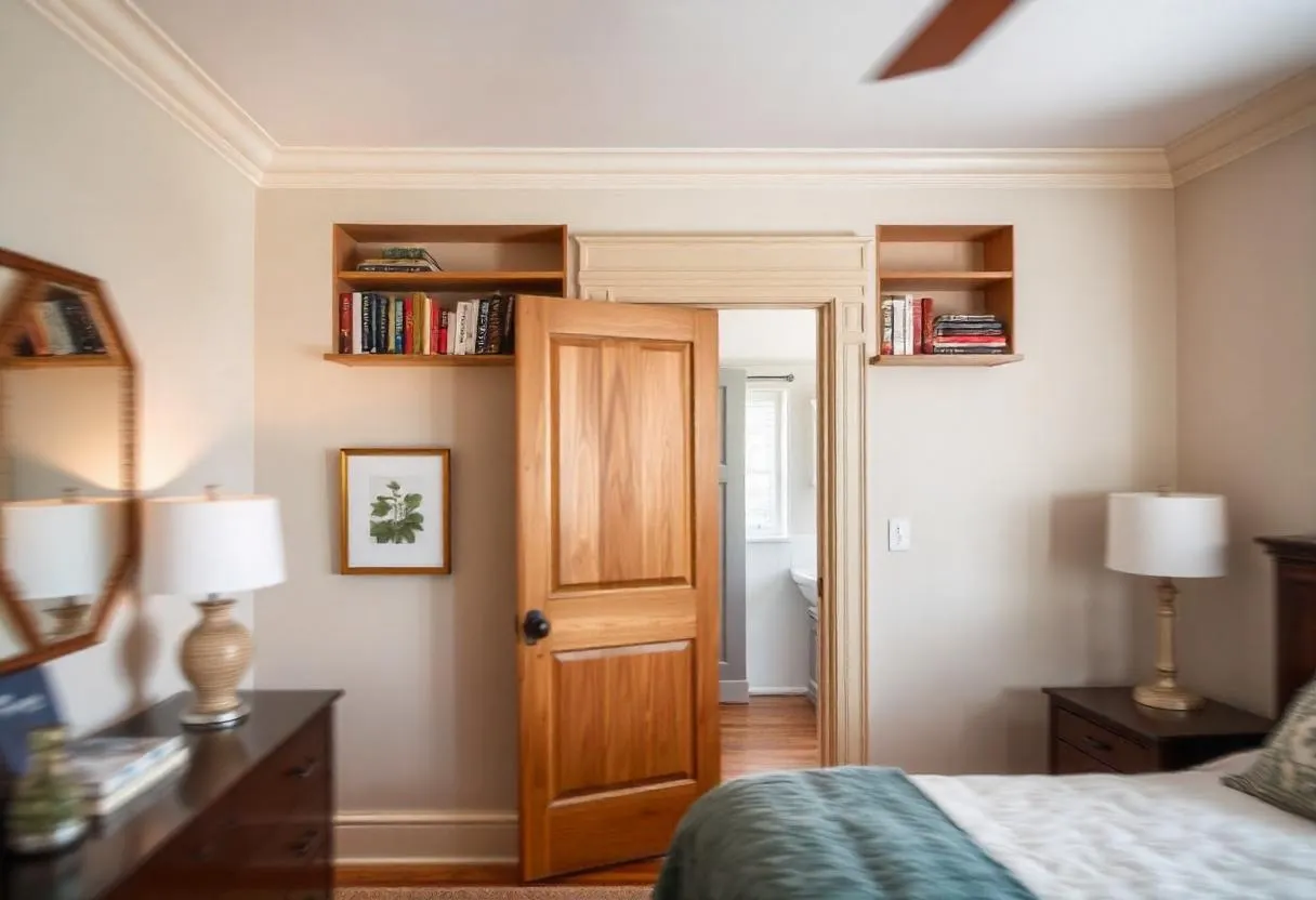 storage solutions for small bedrooms
: Built-in shelving above a door frame for extra storage in a classic bedroom.