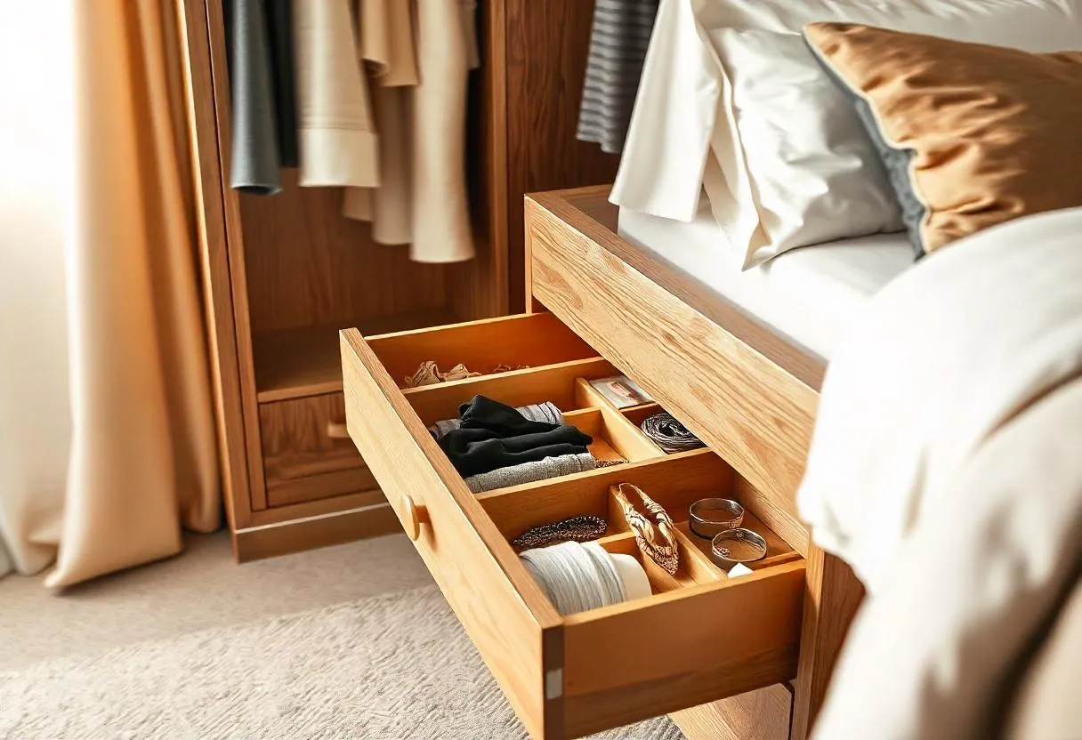 storage solutions for small bedrooms: Multi-functional bed with built-in storage in a stylish bedroom.