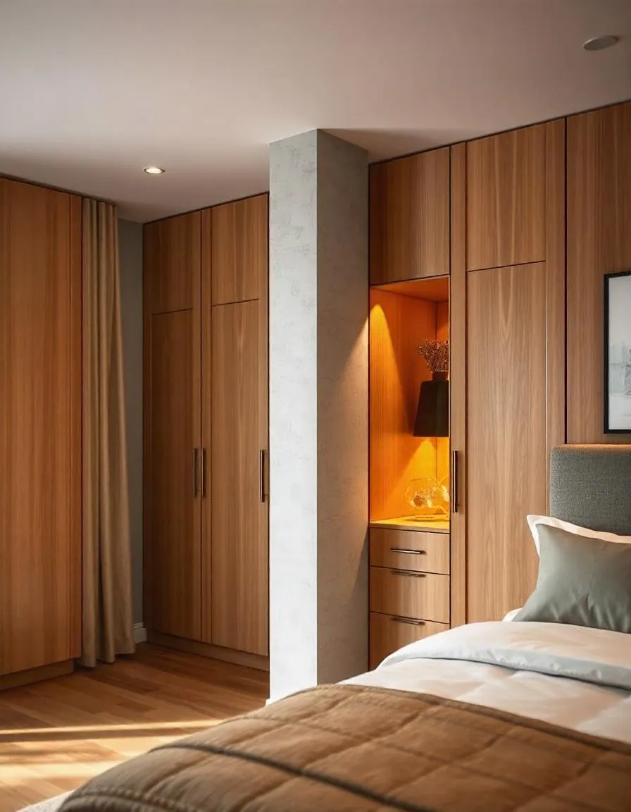 storage solutions for small bedrooms: Fitted wardrobe design that incorporates a column